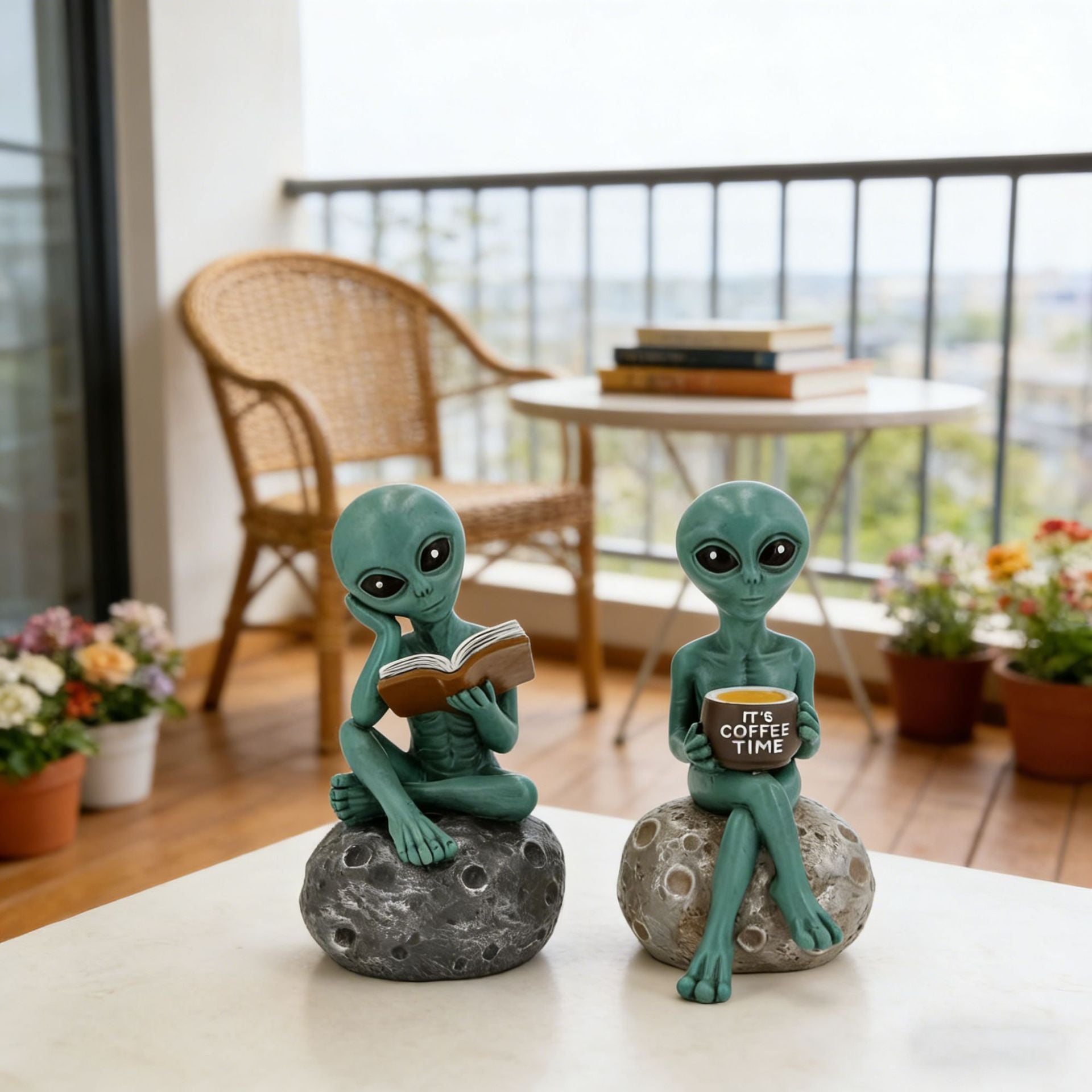 Quirky Alien Reading a Book Coffee Statue Resin Crafts Decoration