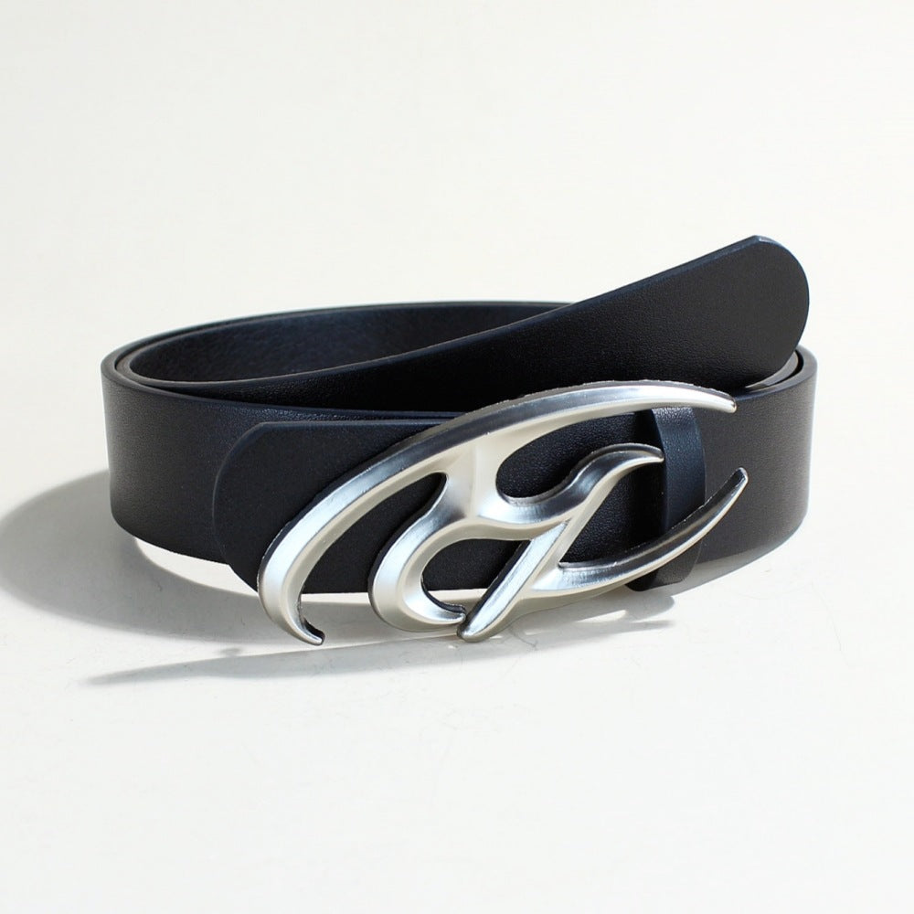 R Letter Buckle Unisex Leather Belt
