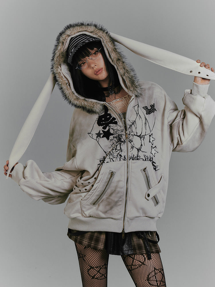 Rabbit Ear Hooded Fleece-Lined Jacket for Women