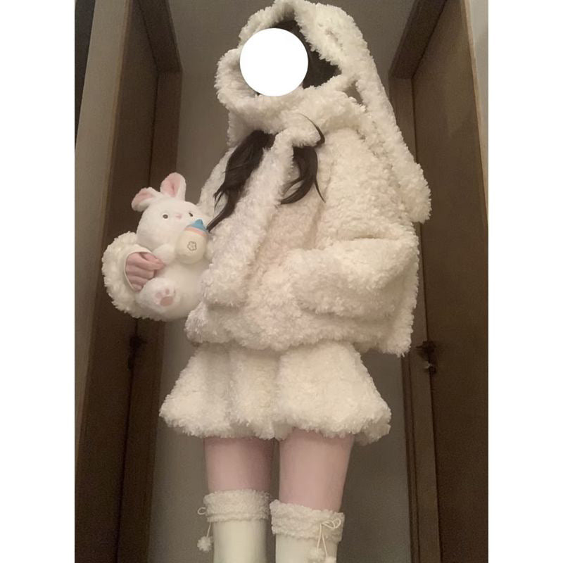 Rabbit Ears Lamb Wool Jacket and Skirt Set