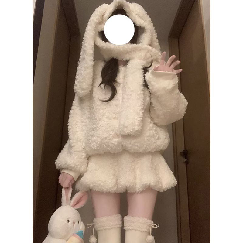 Rabbit Ears Lamb Wool Jacket and Skirt Set