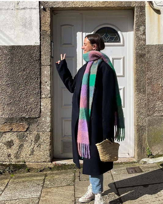 Rainbow-Check Cashmere Warm Scarf