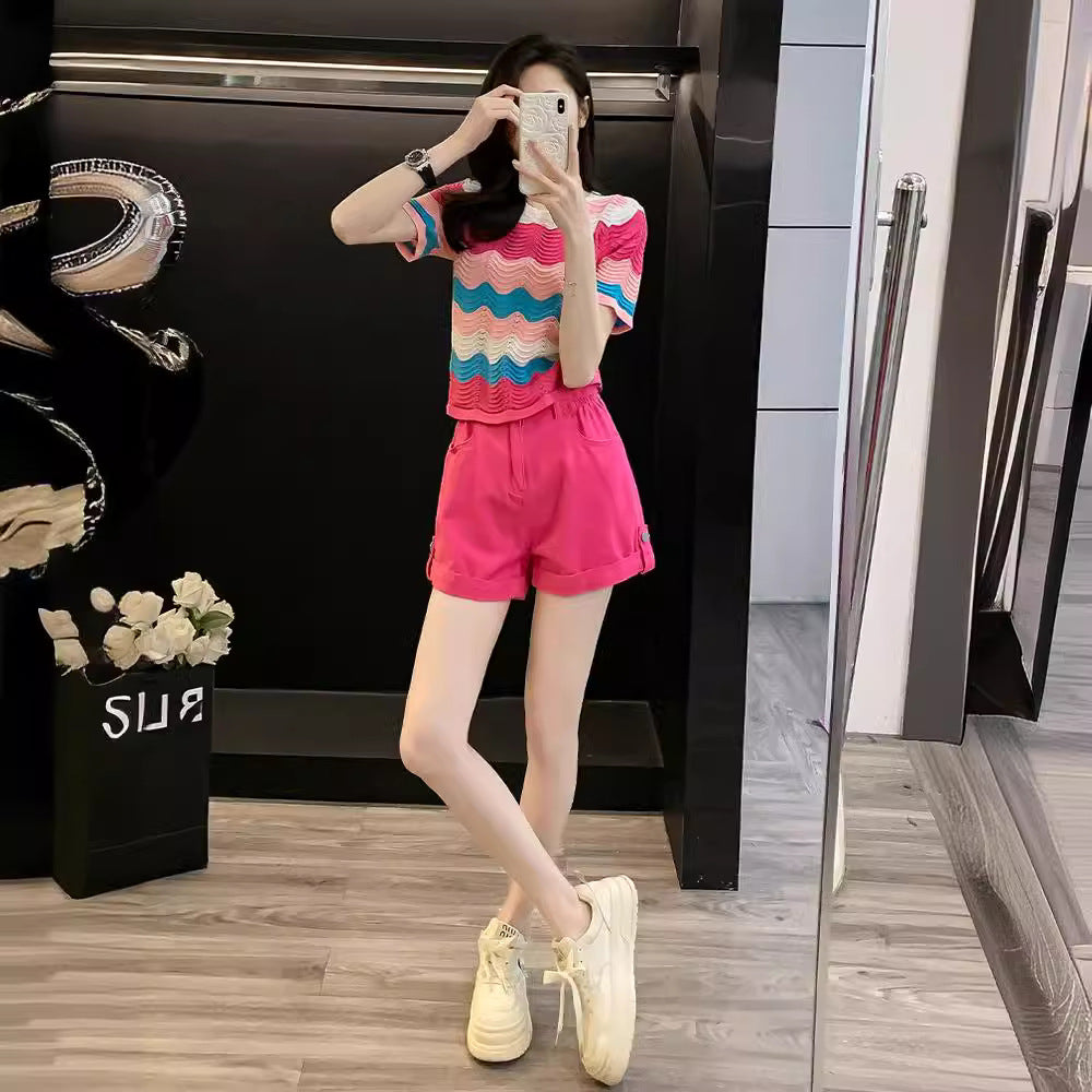 Rainbow Striped Knit Sweater Shorts Set