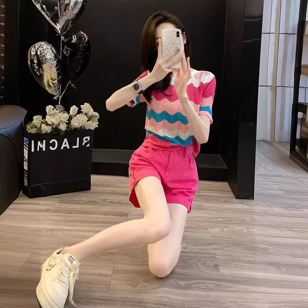 Rainbow Striped Knit Sweater Shorts Set
