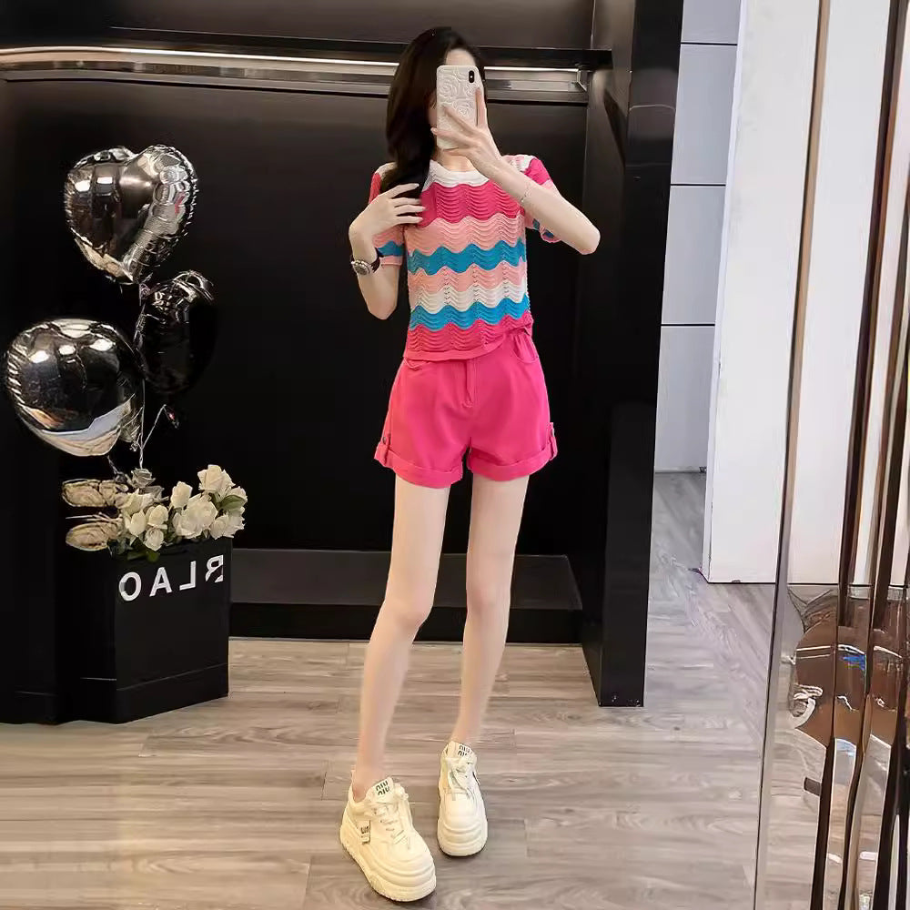 Rainbow Striped Knit Sweater Shorts Set
