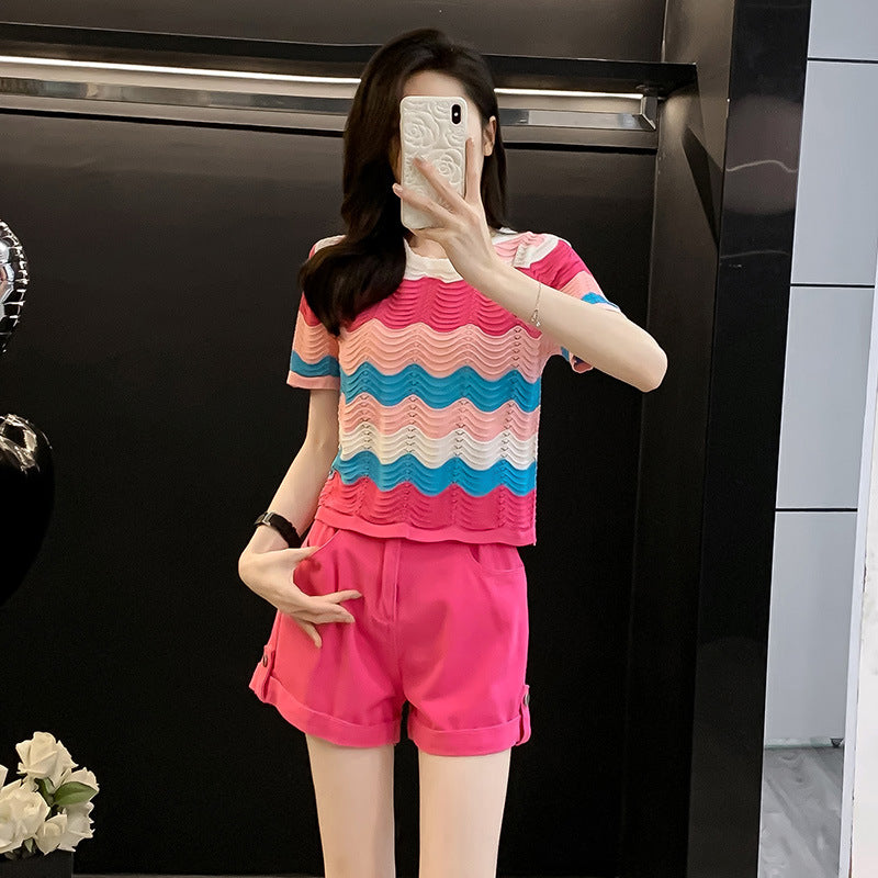 Rainbow Striped Knit Sweater Shorts Set