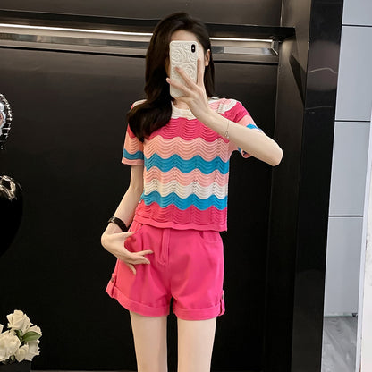 Rainbow Striped Knit Sweater Shorts Set