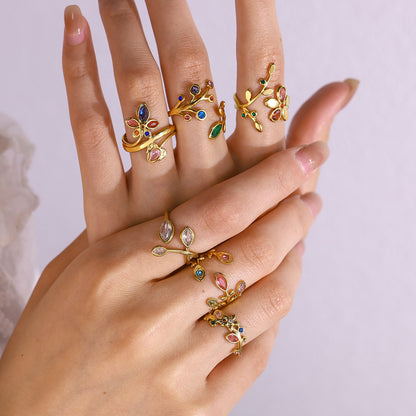 Rainbow Zircon Leaf Ring