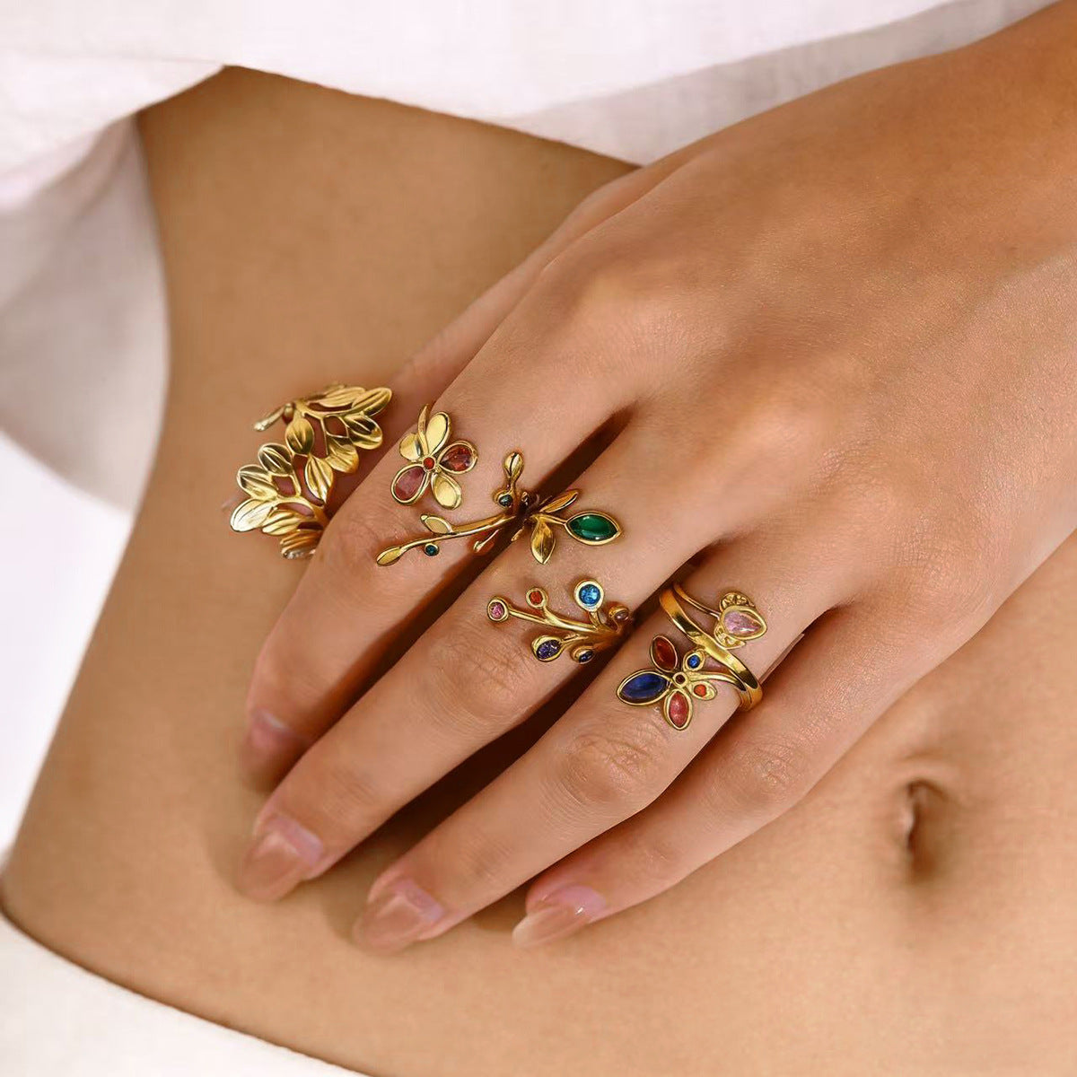 Rainbow Zircon Leaf Ring