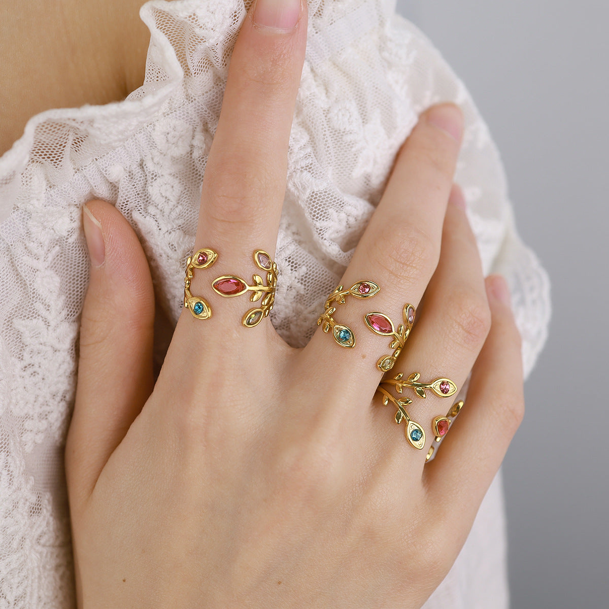 Rainbow Zircon Leaf Ring