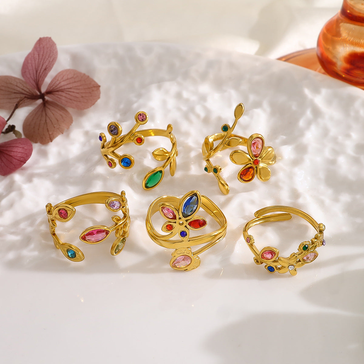 Rainbow Zircon Leaf Ring