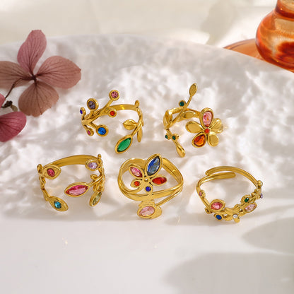 Rainbow Zircon Leaf Ring