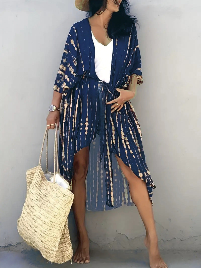 Ram Cotton Tie-Dye Sunscreen Cardigan Beach Vacation Skirt Bikini Outer Blouse Swimwear Women's Sunscreen