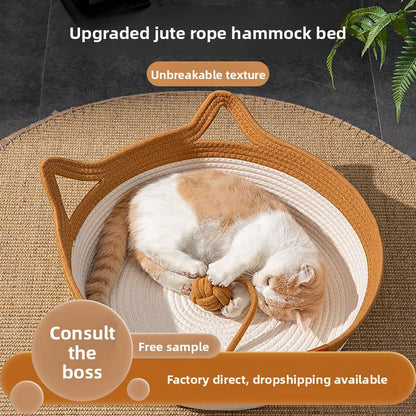 Rattan Cat Bed with Scratching Surface