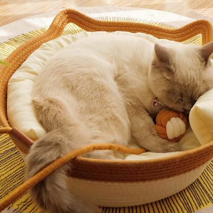 Rattan Woven Cat Nest with Cooling Mat and Toy
