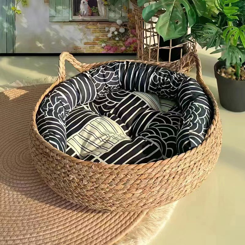 Rattan Woven Pet Cat Bed with Removable Cotton Pad