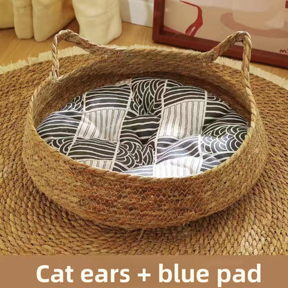 Rattan Woven Pet Cat Bed with Removable Cotton Pad