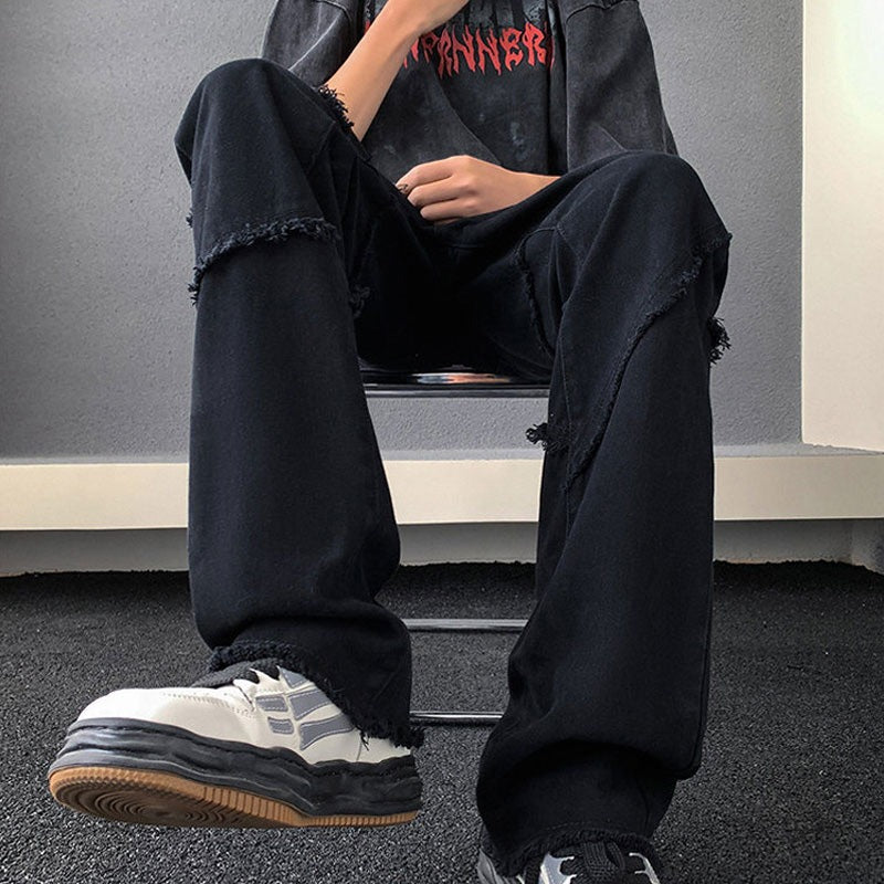 Raw-edge straight-leg flared pants