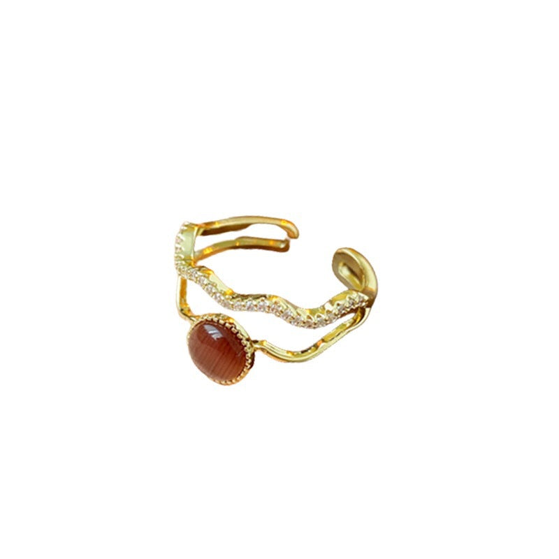 Real Gold Plated Zircon Cat's Eye Double Layer Open Ring