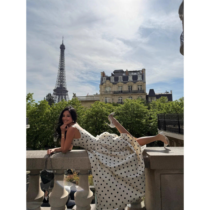 Real Shot-French Gentle Square Collar Polka Dot Waist Pleated Large Hem Suspender Dress 2025 Cross-Border European and American Style