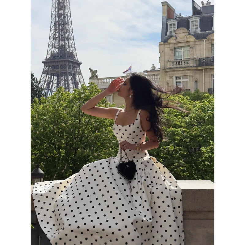Real Shot-French Gentle Square Collar Polka Dot Waist Pleated Large Hem Suspender Dress 2025 Cross-Border European and American Style