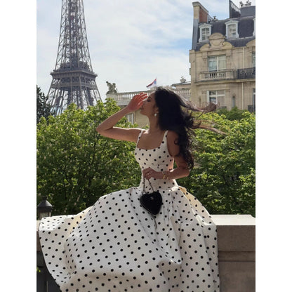 Real Shot-French Gentle Square Collar Polka Dot Waist Pleated Large Hem Suspender Dress 2025 Cross-Border European and American Style