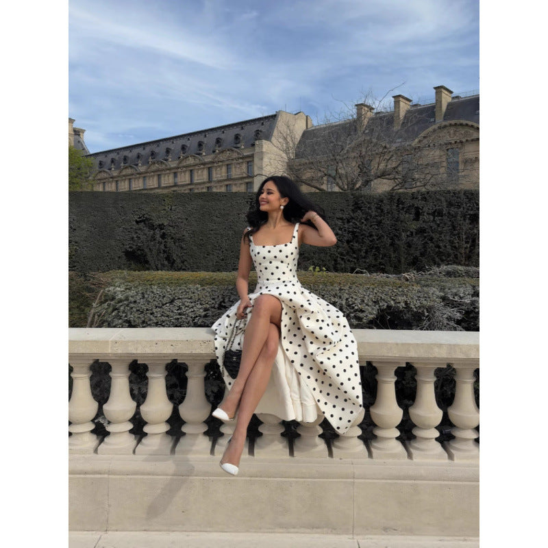 Real Shot-French Gentle Square Collar Polka Dot Waist Pleated Large Hem Suspender Dress 2025 Cross-Border European and American Style