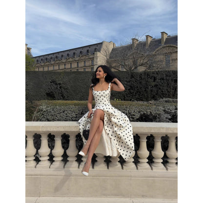 Real Shot-French Gentle Square Collar Polka Dot Waist Pleated Large Hem Suspender Dress 2025 Cross-Border European and American Style