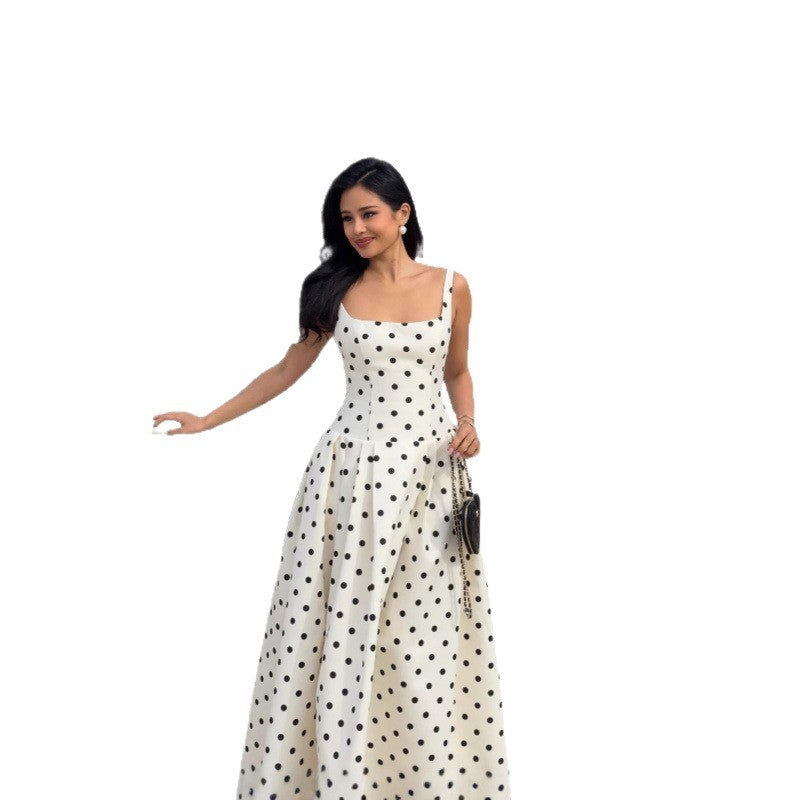 Real Shot-French Gentle Square Collar Polka Dot Waist Pleated Large Hem Suspender Dress 2025 Cross-Border European and American Style