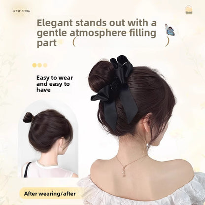 Realistic Fluffy Hair Bun Wig with Bowknot for Women
