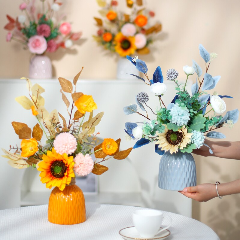 Realistic Silk Flower Arrangement with Ceramic Vase