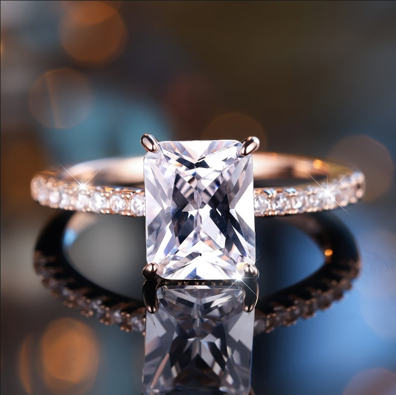 Rectangular White Diamond Four Claw Ring