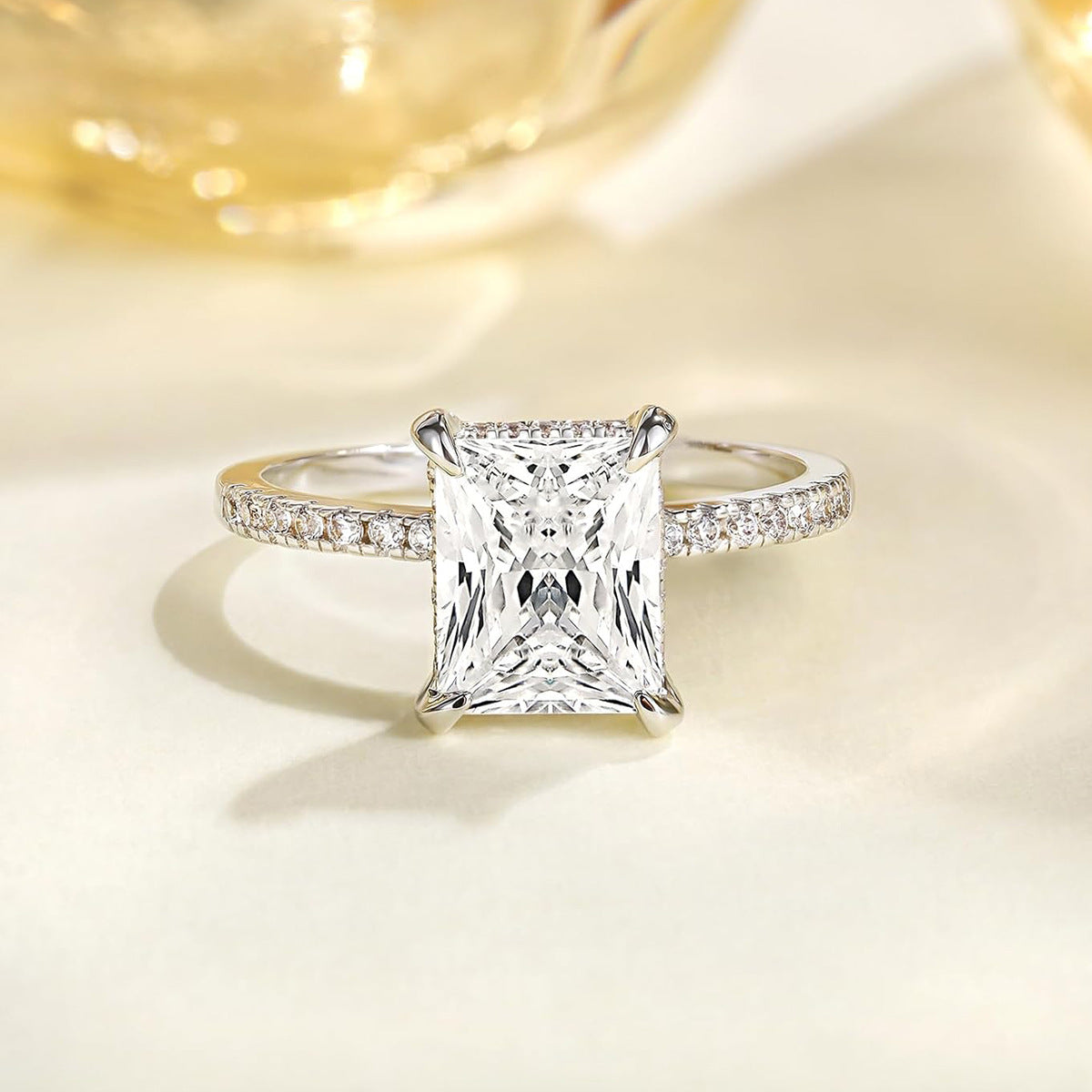 Rectangular White Diamond Four Claw Ring