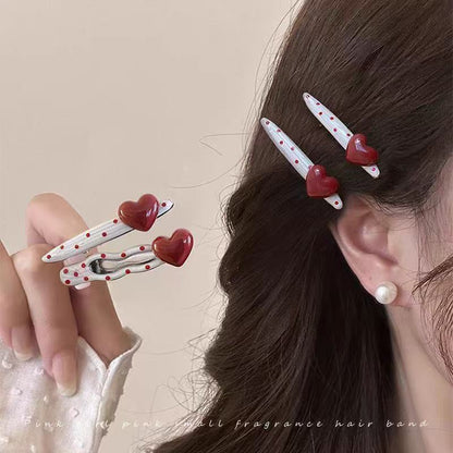 Red heart-shaped cherry polka dot hairpin