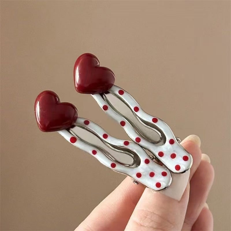 Red heart-shaped cherry polka dot hairpin