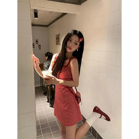 Red Plaid Suspender Dress with Lace-Up Waist