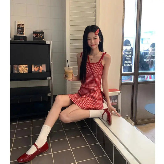 Red Plaid Suspender Dress with Lace-Up Waist