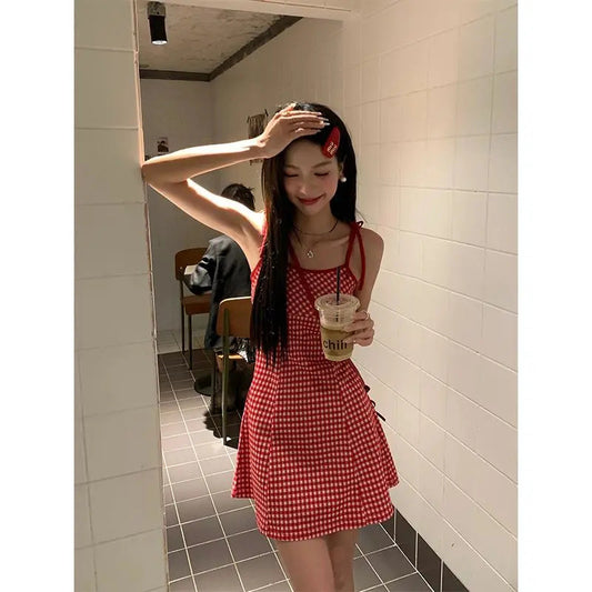 Red Plaid Suspender Dress with Lace-Up Waist