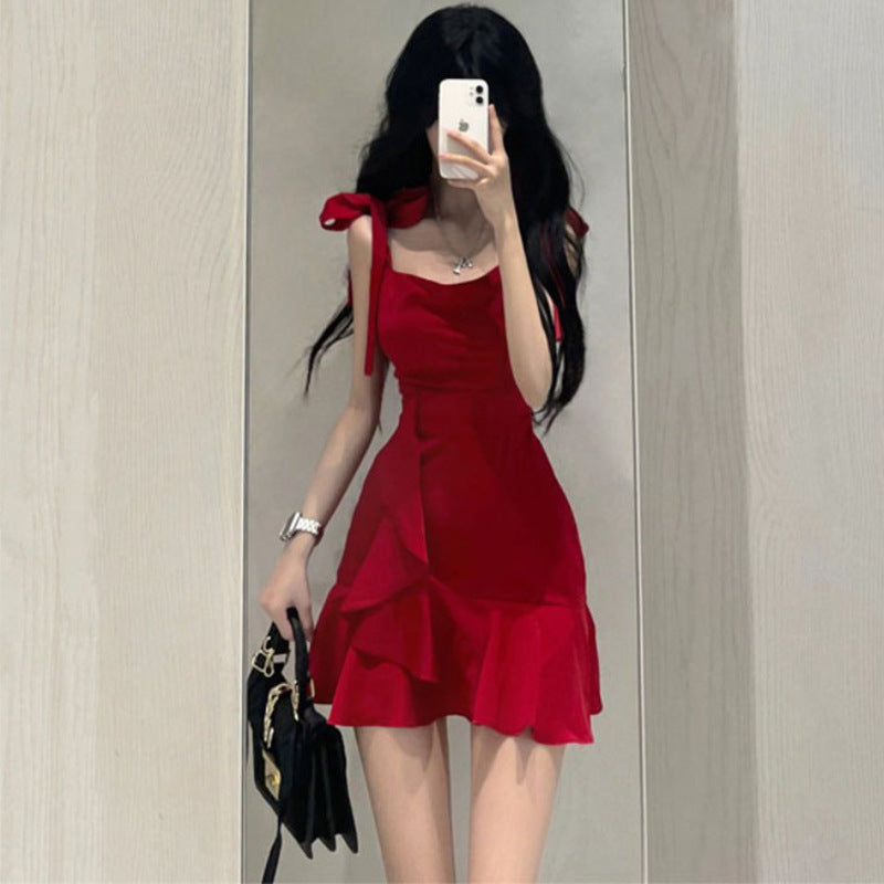 Red Sleeveless Square Neck A-line Dress