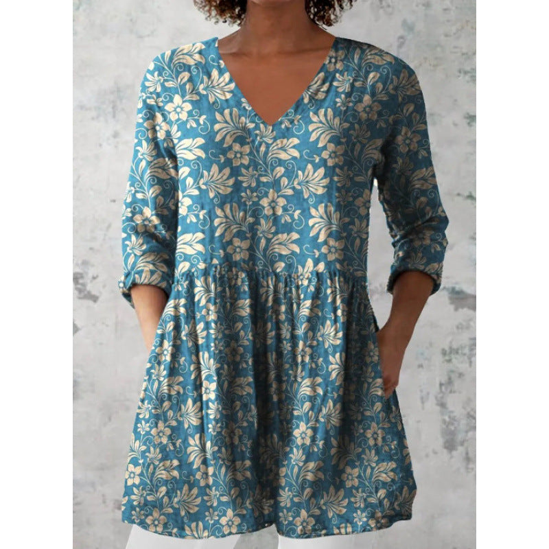Relaxed and comfortable digital print, round-neck short-sleeve women's top