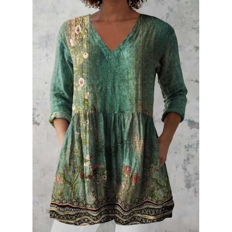 Relaxed and comfortable digital print, round-neck short-sleeve women's top