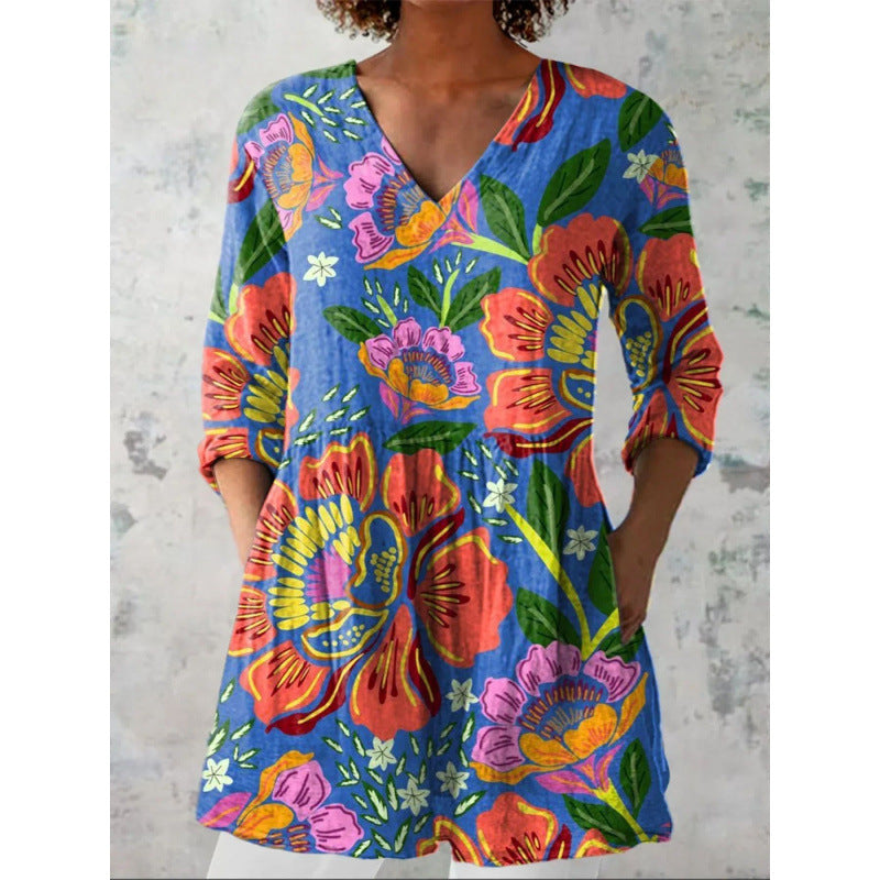 Relaxed and comfortable digital-print round-neck short-sleeve women's top
