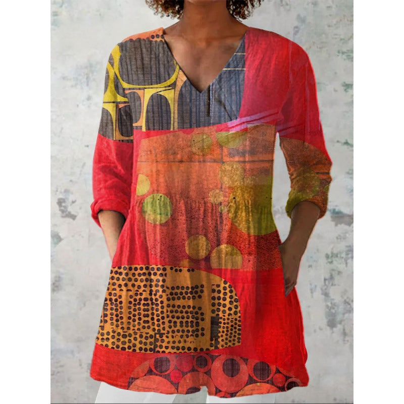 Relaxed and comfortable digital print women's round-neck short-sleeve top