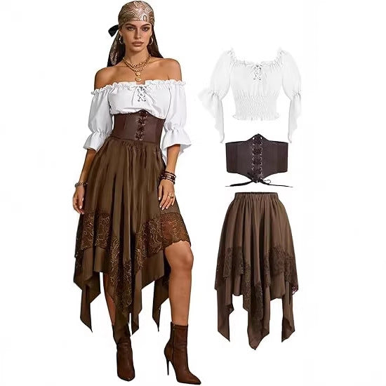 Renaissance Patchwork Dress with Asymmetrical Hem