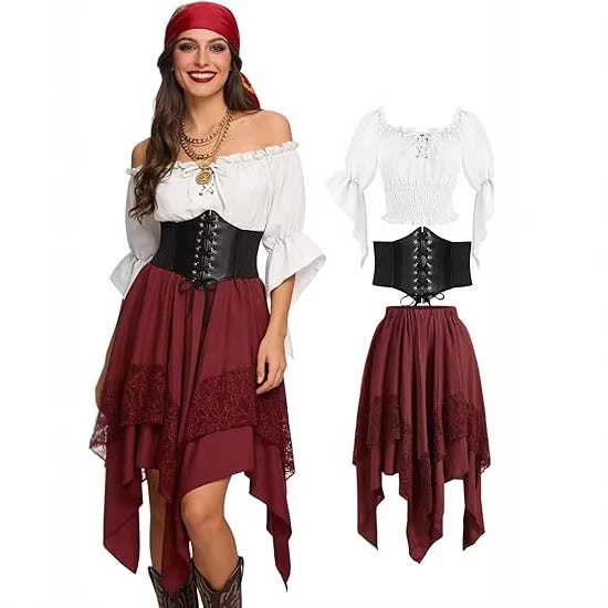 Renaissance Patchwork Dress with Asymmetrical Hem