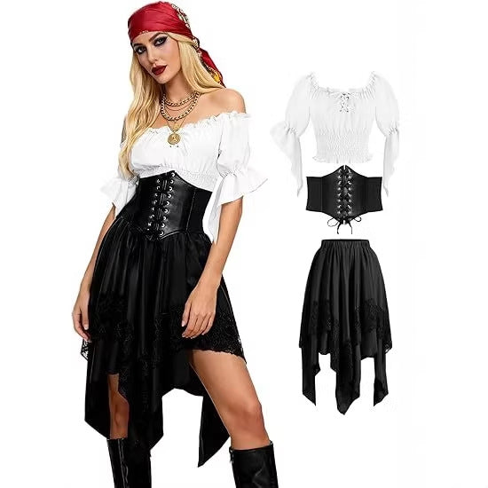 Renaissance Patchwork Dress with Asymmetrical Hem