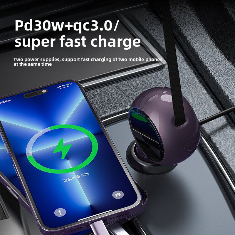 Retractable 60W Fast Car Charger with Dual USB Ports