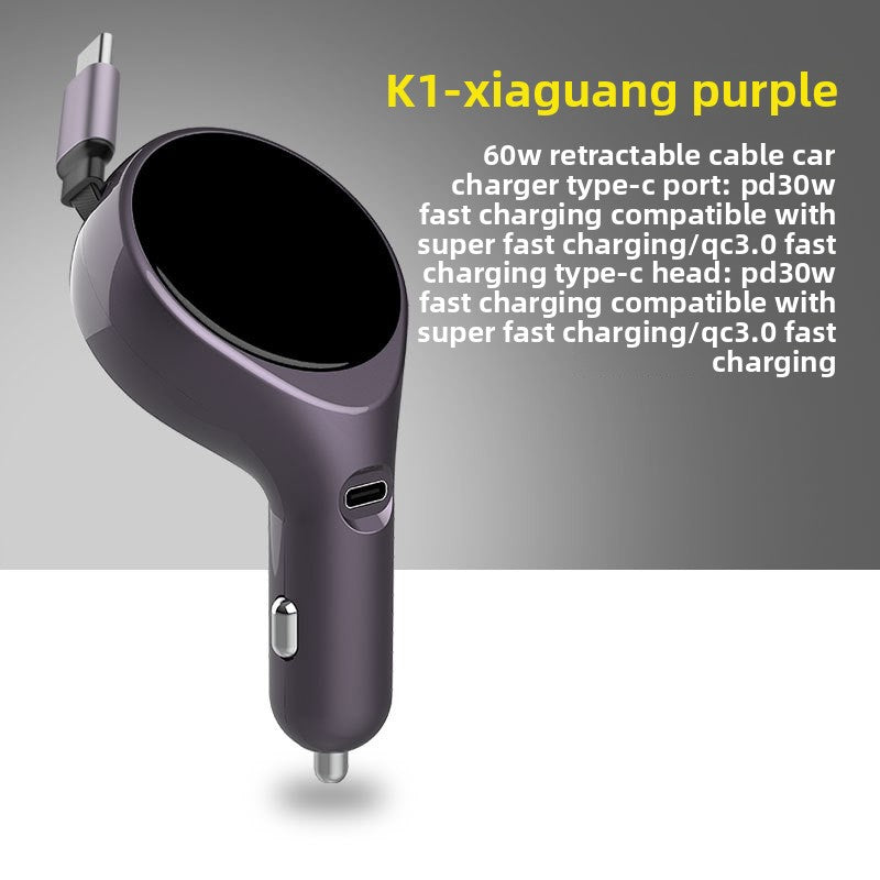 Retractable 60W Fast Car Charger with Dual USB Ports
