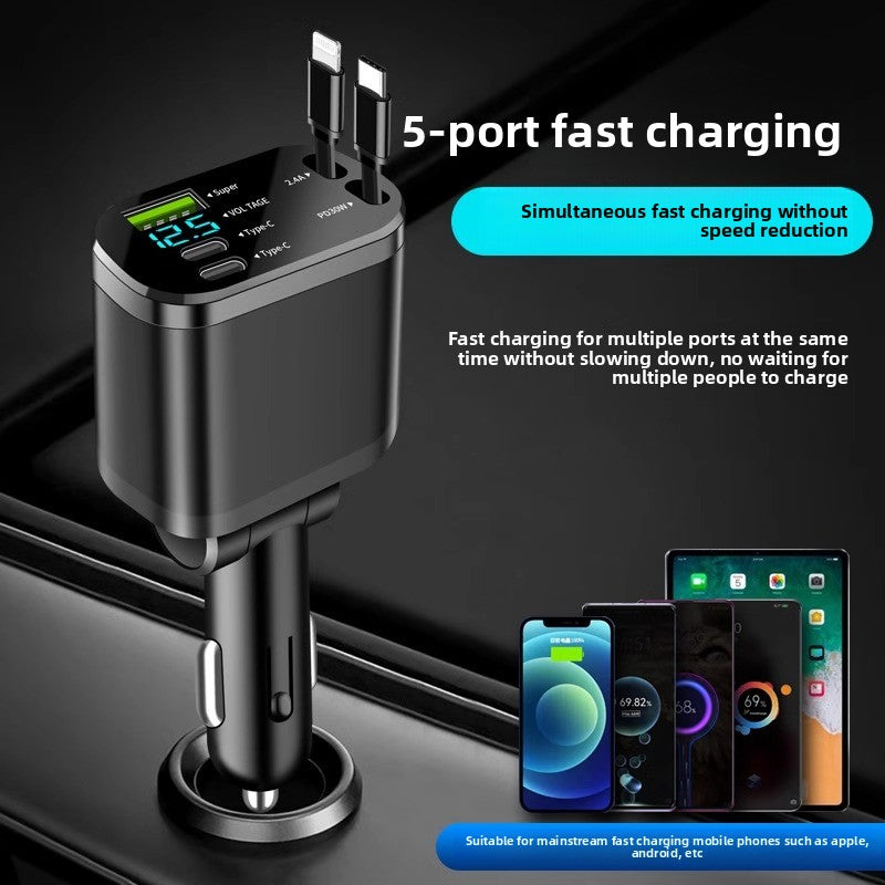 Retractable Cable Car Charger 120W Fast Charging Dual Port