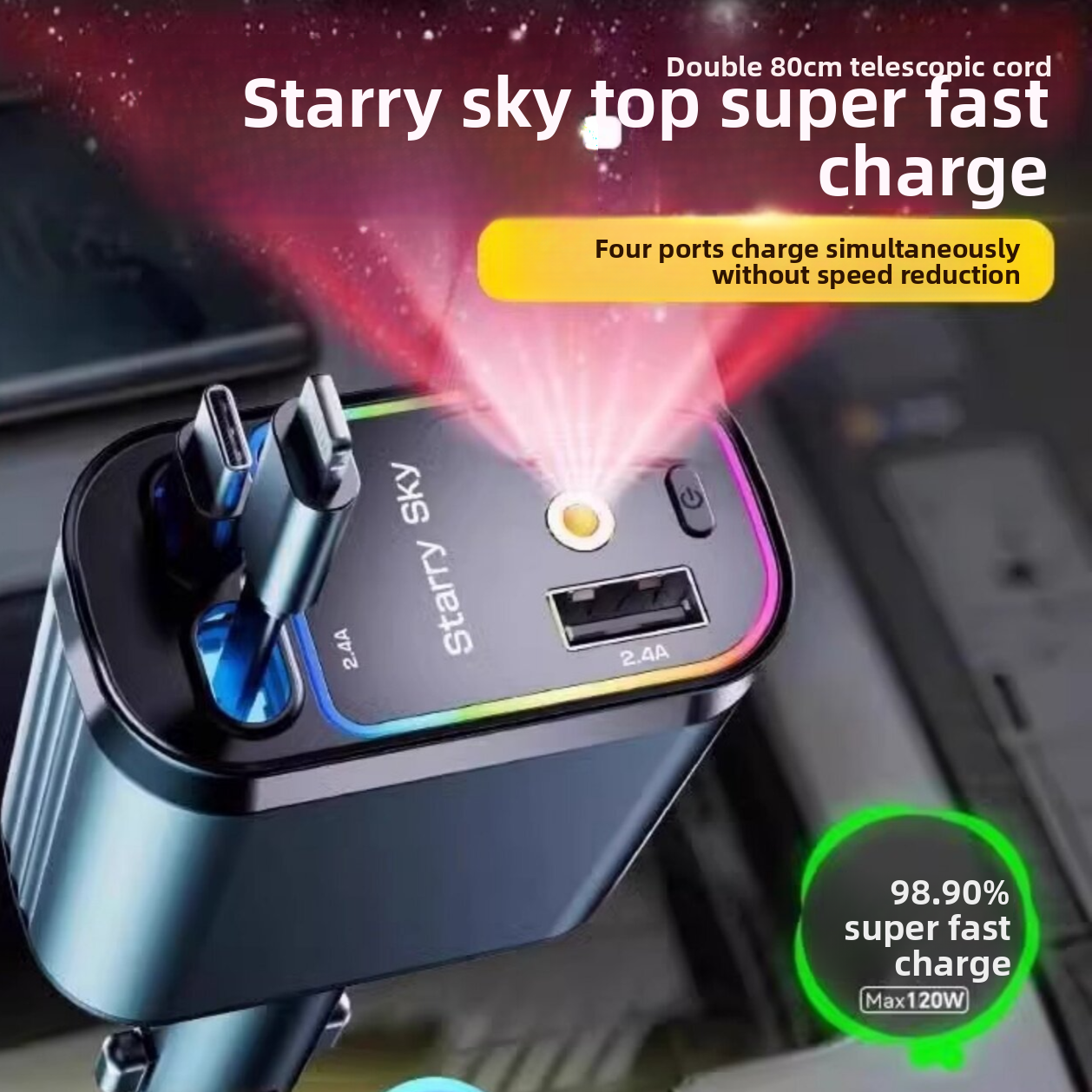 Retractable Car Charger with Fast Charging and Ambient Light